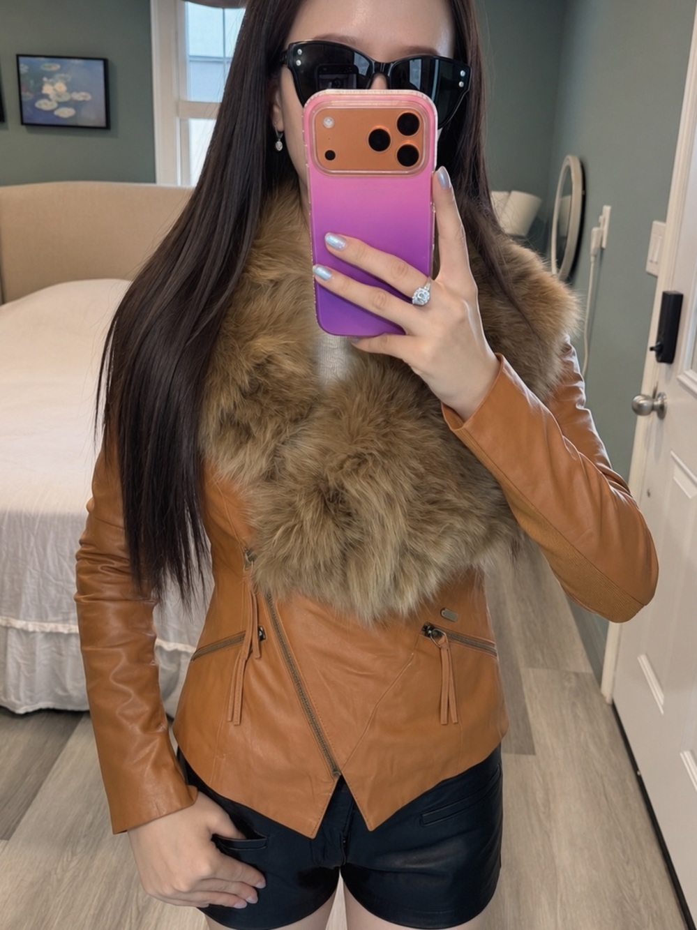 Vintage ONLY Real Fox Fur Collar Lamb Leather Jacket Y2K Moto XS/S - Picture 6 of 13